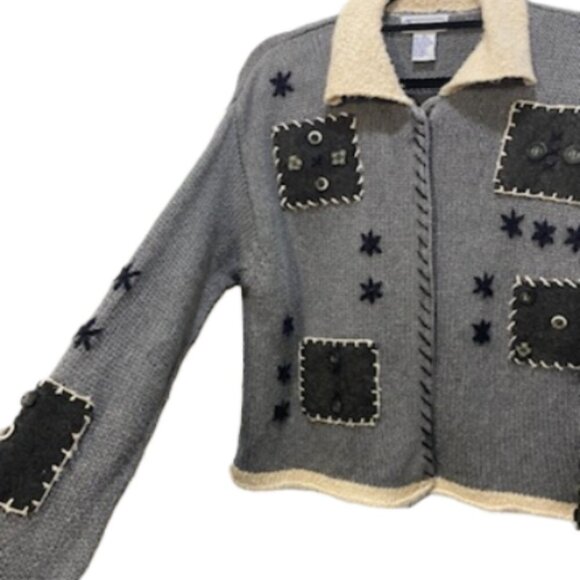 VINTAGE BRIDGEWATER Womens Gray Cream Patch Button Cardigan Size M Art to Wear - Picture 3 of 6